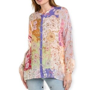 Johnny Was NWT Cosmo Lauren optional roll sleeves Patchwork Button Down blouse